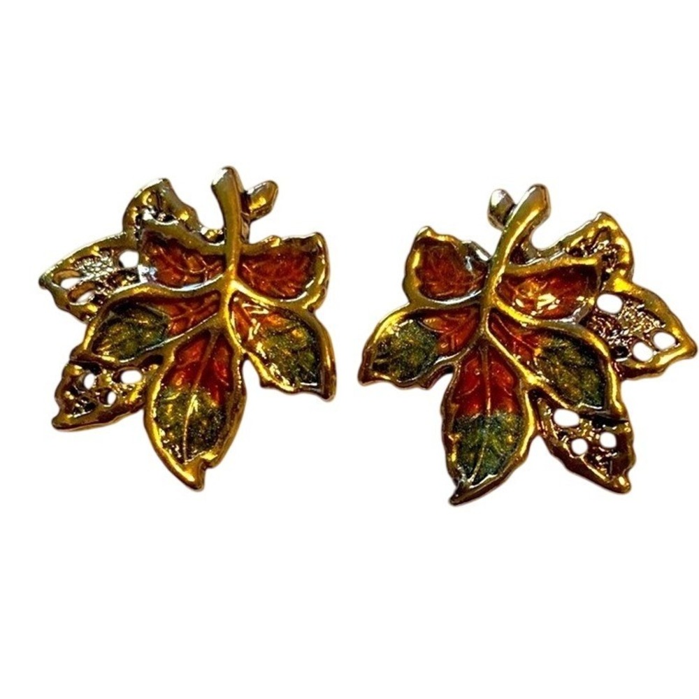 New Color Pierced Earrings, Fall leaves, gold and brown coloring, 3/4"
